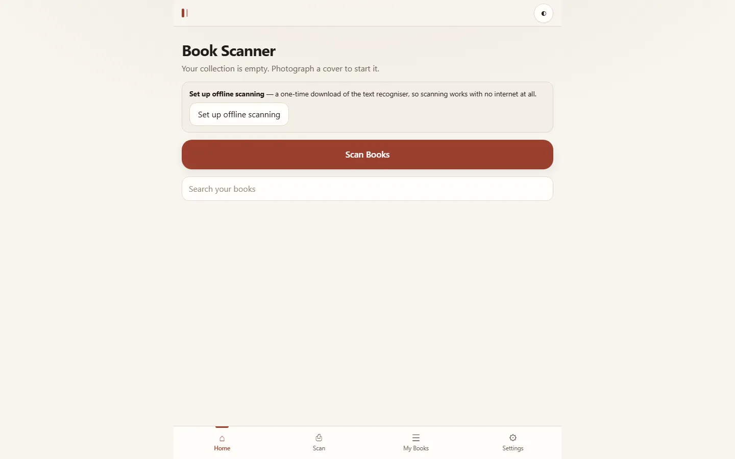 The empty library, with a prompt to set up offline scanning and a Scan Books button.