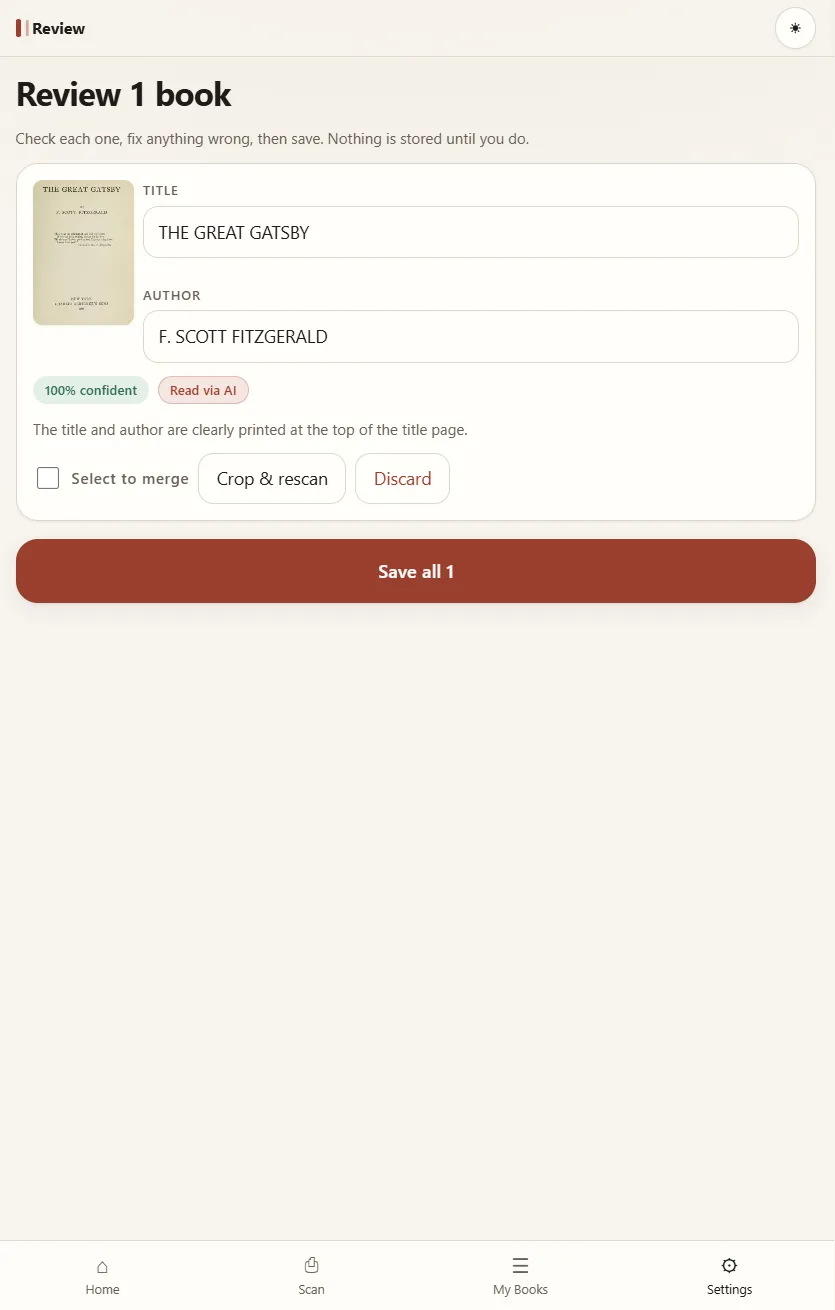 Book Scanner’s review screen: title The Great Gatsby, author F. Scott Fitzgerald, tagged 100% confident and Read via AI.