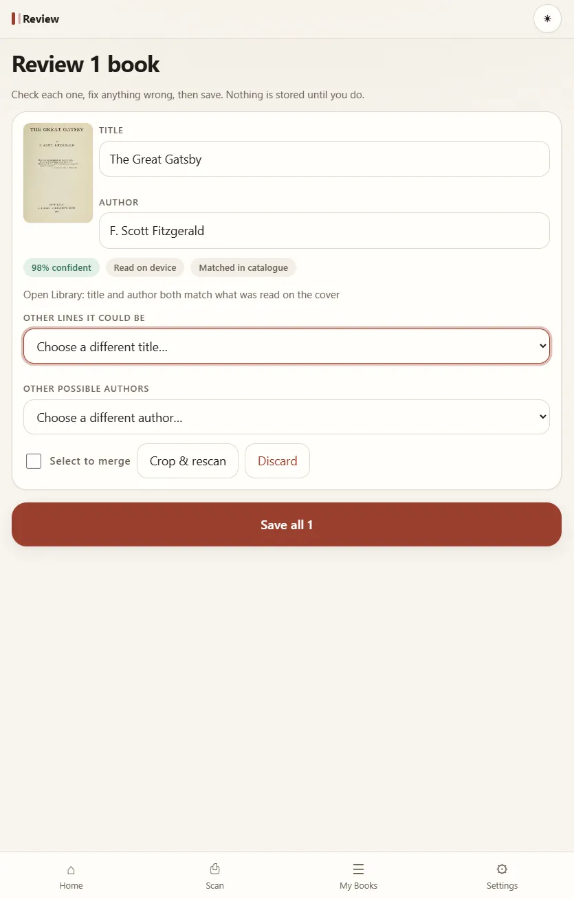 The same title page read on the device: The Great Gatsby, F. Scott Fitzgerald, tagged 98% confident, Read on device, and Matched in catalogue.