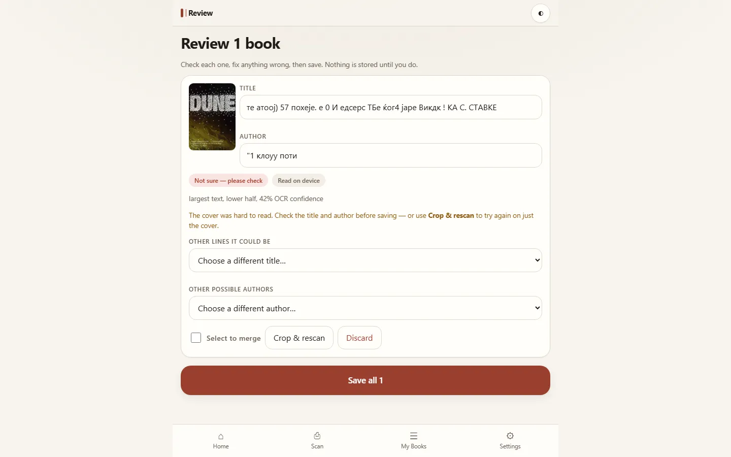 A review of a Dune cover with garbled Cyrillic in the title and author fields, flagged as not sure, at 42% OCR confidence, with a Crop and rescan button.