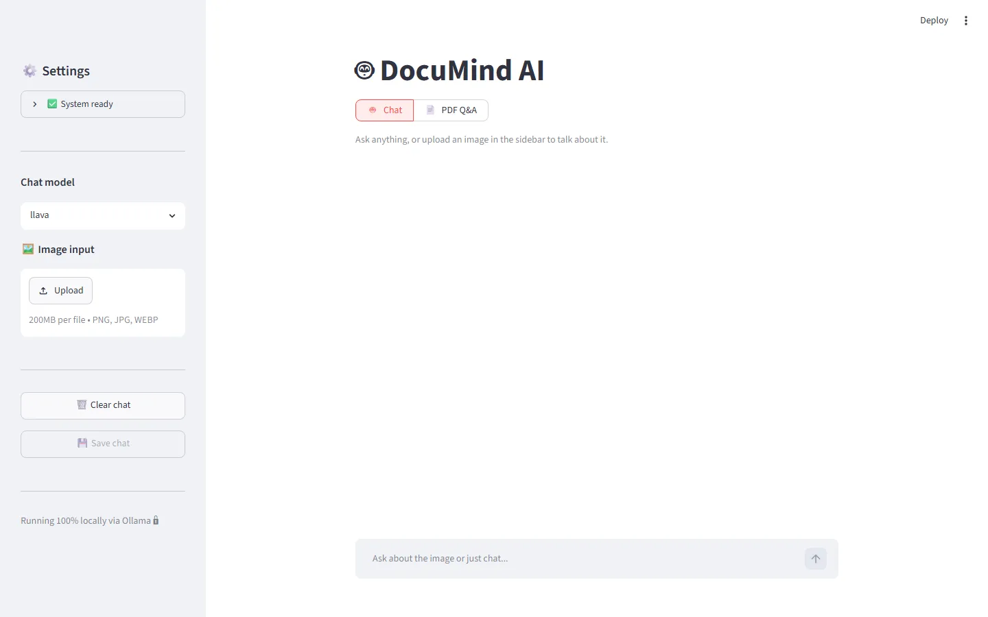 DocuMind’s Chat tab with LLaVA selected as the chat model and an image upload in the sidebar.