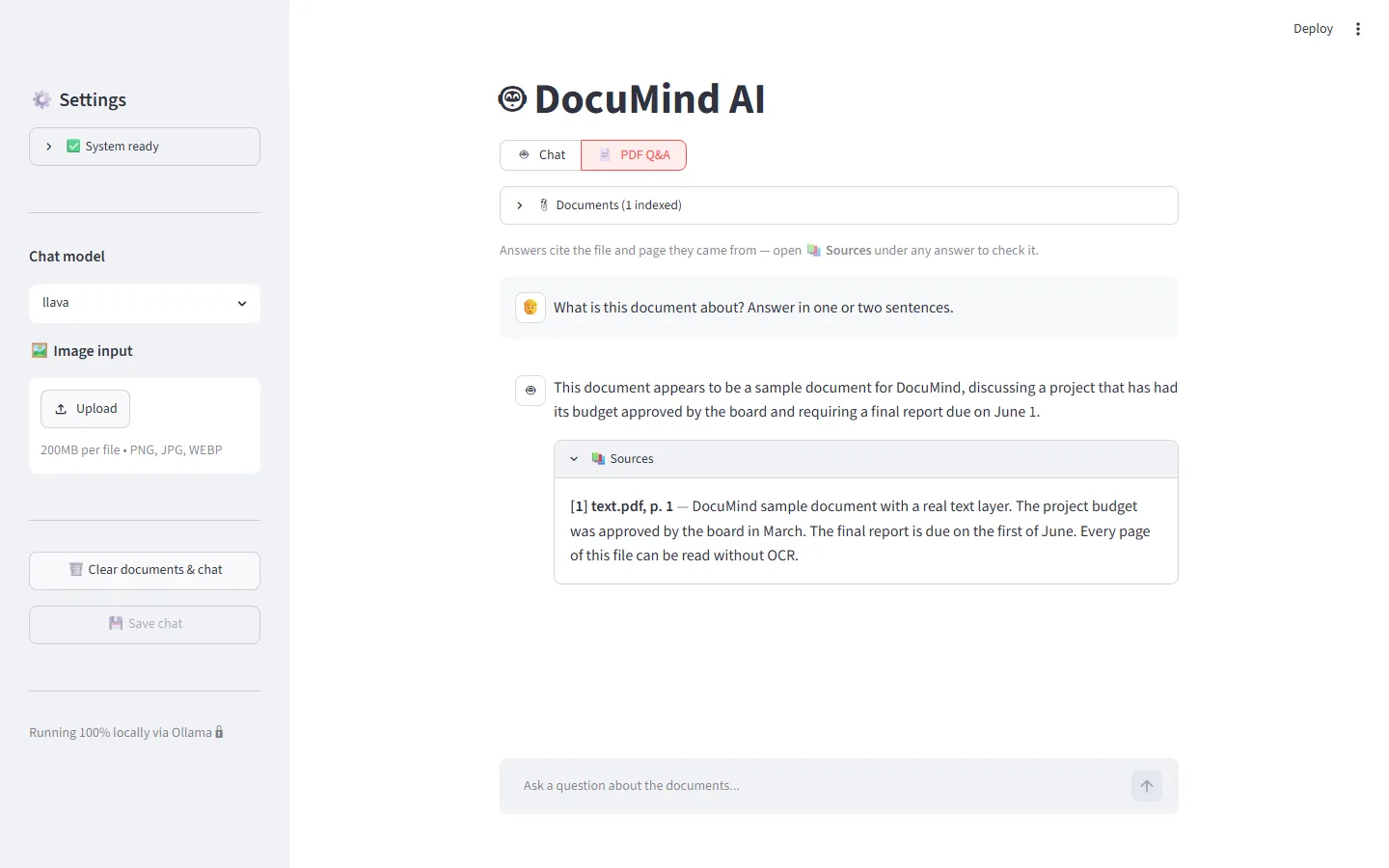 DocuMind’s PDF Q&A tab. An answer to “What is this document about?” sits above an open Sources panel reading: [1] text.pdf, p. 1, followed by the quoted passage.