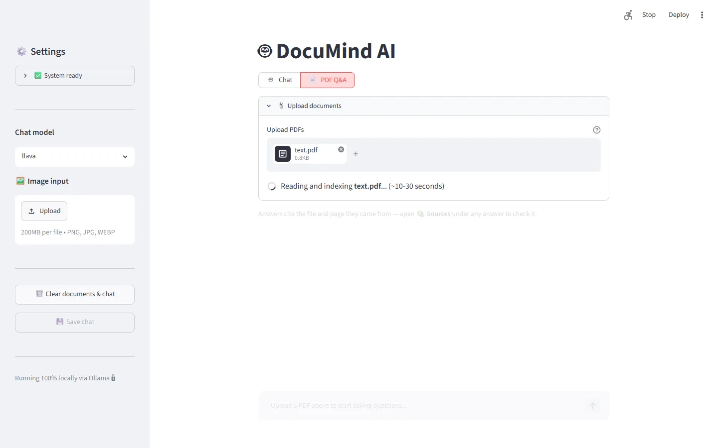 text.pdf uploaded, with a spinner reading “Reading and indexing text.pdf”.