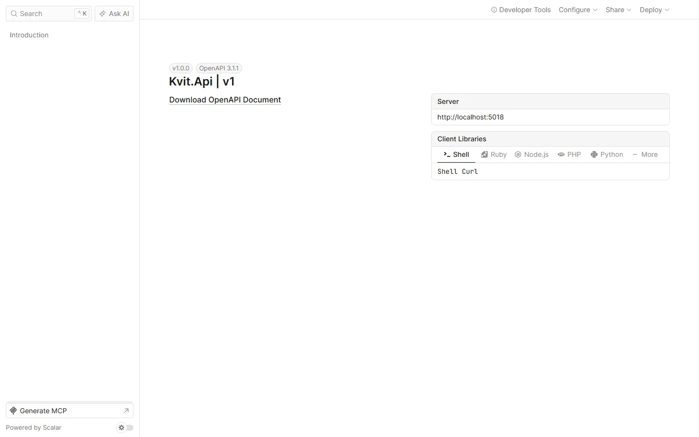 The Scalar API reference page for Kvit.Api v1, tagged OpenAPI 3.1.1, with a Download OpenAPI Document link.